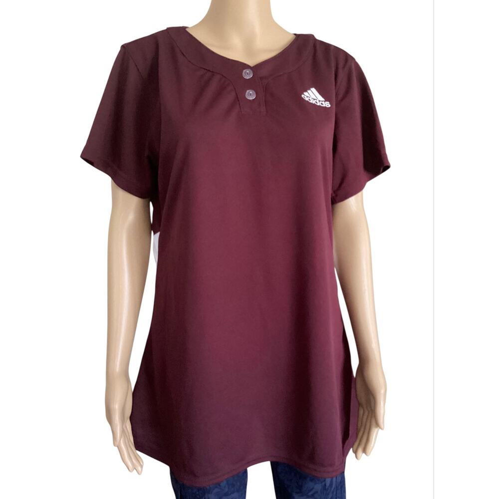 Adidas Women Burgundy Maroon Short Sleeve Henley‎ Jersey Shirt Athletic Tee XL
